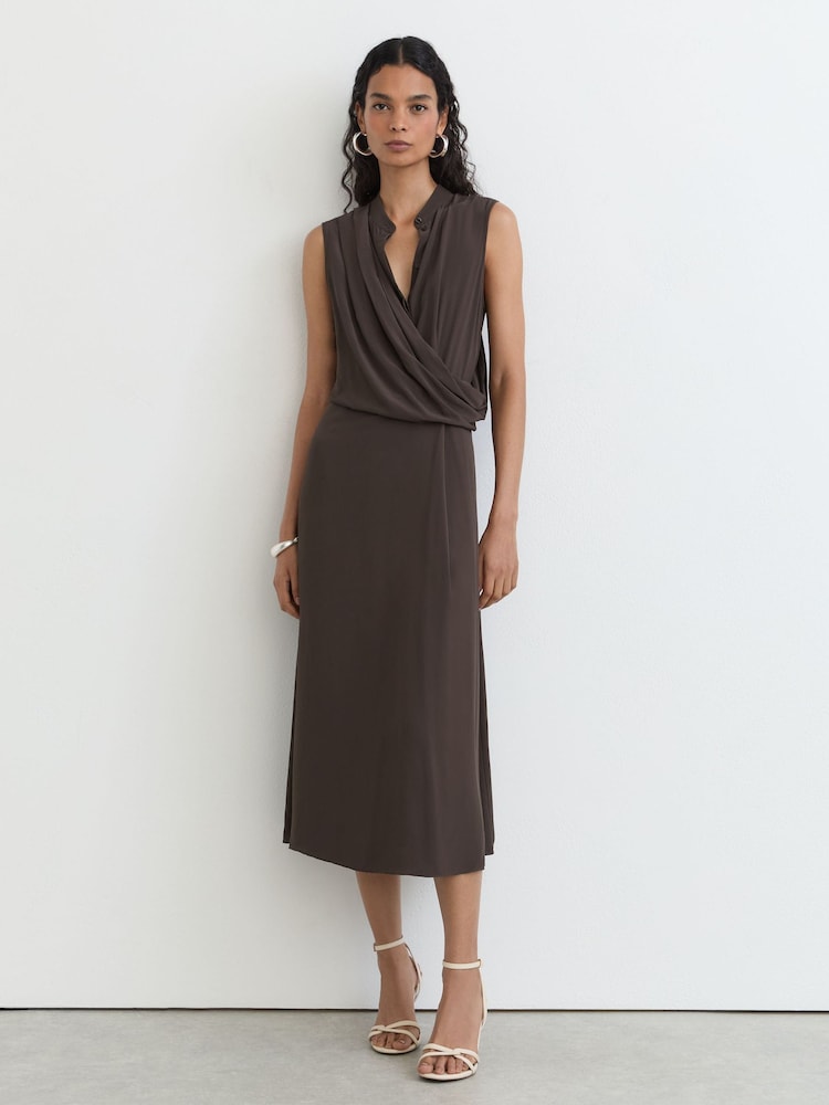 Reiss Dark Grey Gracie Drape-Detail Band-Collar Midi Dress - Image 1 of 8