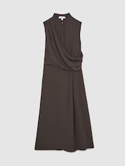 Reiss Dark Grey Gracie Drape-Detail Band-Collar Midi Dress - Image 2 of 8