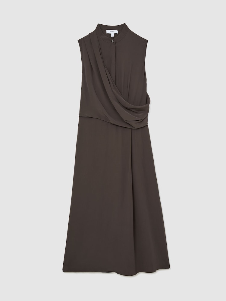 Reiss Dark Grey Gracie Drape-Detail Band-Collar Midi Dress - Image 2 of 8