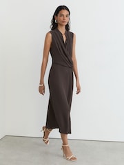 Reiss Dark Grey Gracie Drape-Detail Band-Collar Midi Dress - Image 4 of 8