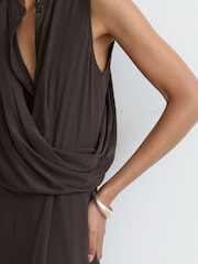 Reiss Dark Grey Gracie Drape-Detail Band-Collar Midi Dress - Image 5 of 8
