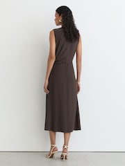 Reiss Dark Grey Gracie Drape-Detail Band-Collar Midi Dress - Image 6 of 8