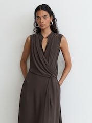 Reiss Dark Grey Gracie Drape-Detail Band-Collar Midi Dress - Image 7 of 8