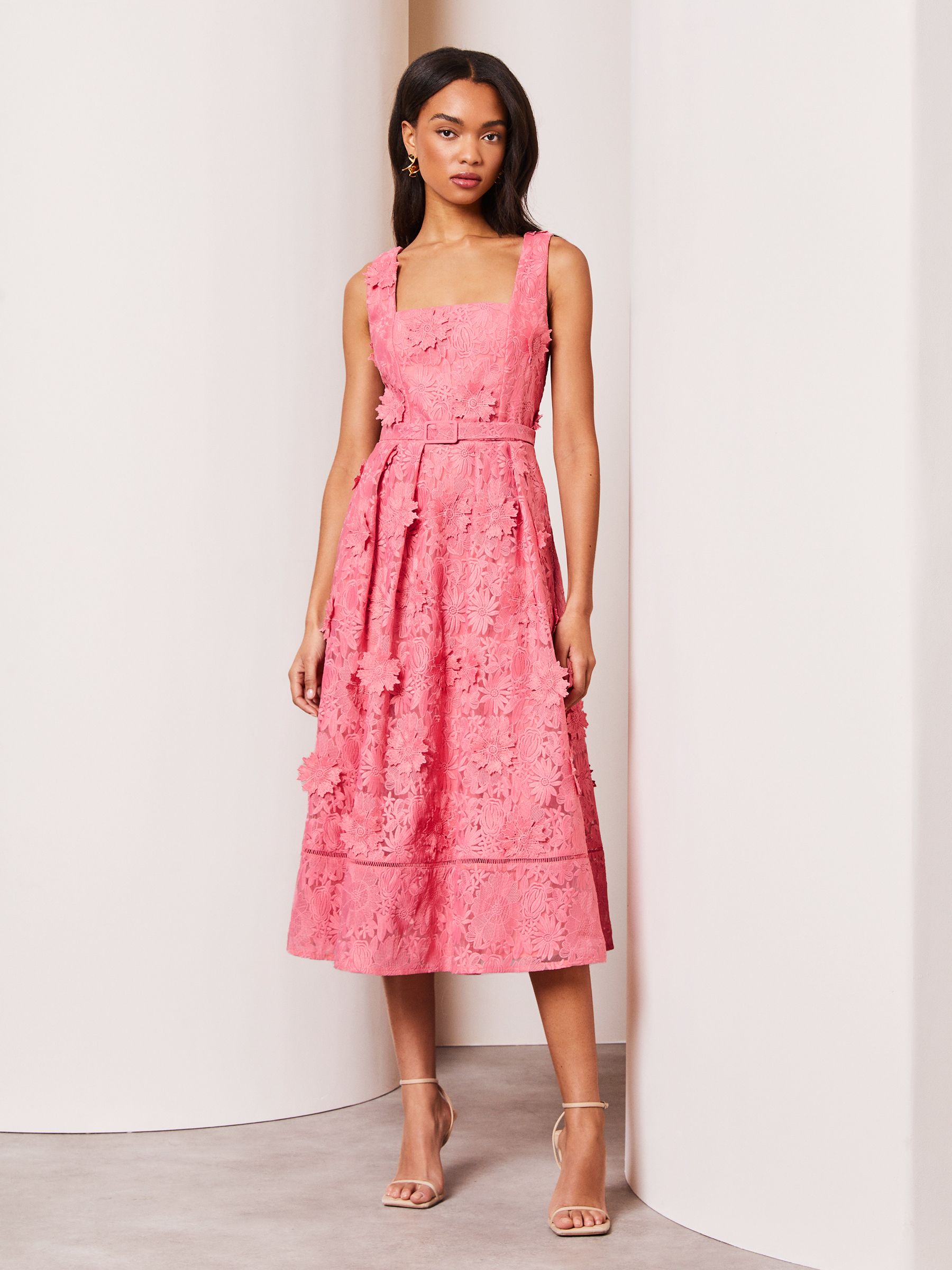Buy Lipsy Pink Premium 3D Lace Embroidery Floral Midi Prom Dress