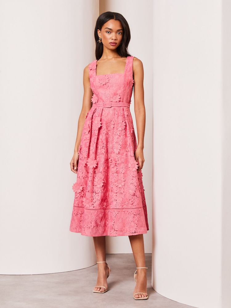 Lipsy Pink Petite Premium 3D Lace Embroidery Floral Midi Prom Dress - Image 1 of 4 Lipsy Pink Petite Premium 3D Lace Embroidery Floral Midi Prom Dress - Image 1 of 4