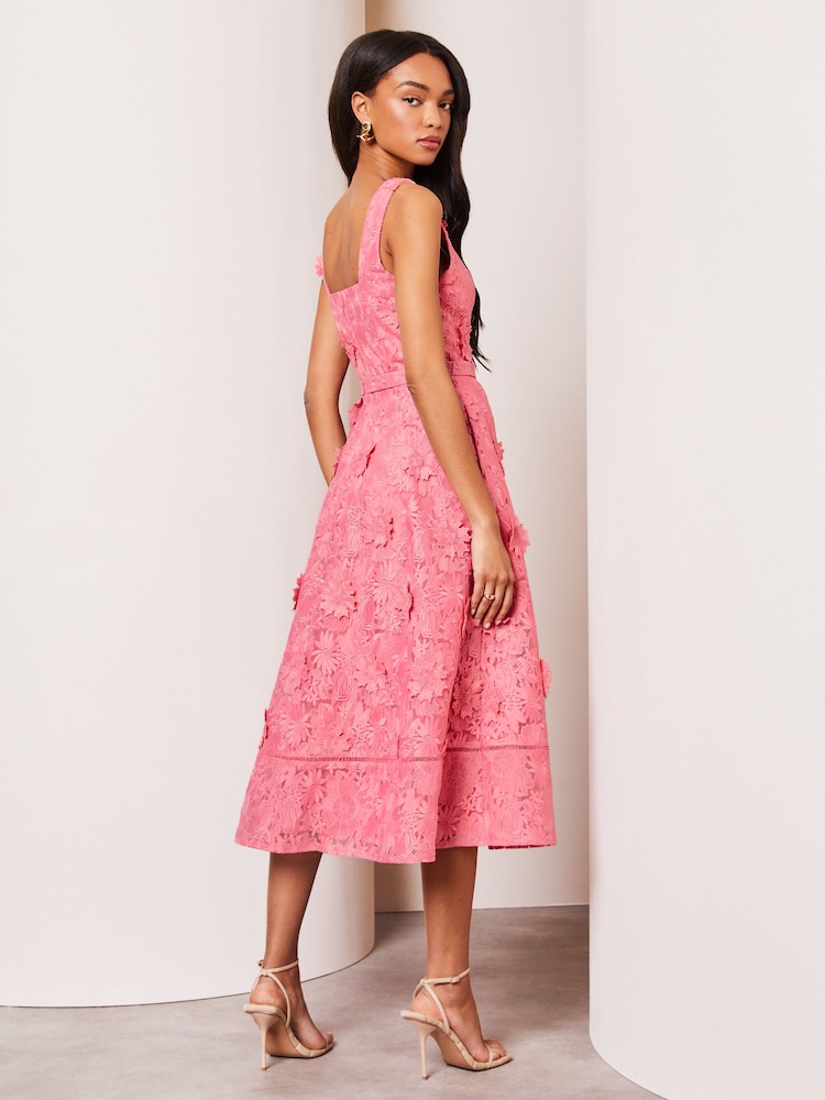 Lipsy Pink Petite Premium 3D Lace Embroidery Floral Midi Prom Dress - Image 2 of 4 Lipsy Pink Petite Premium 3D Lace Embroidery Floral Midi Prom Dress - Image 2 of 4