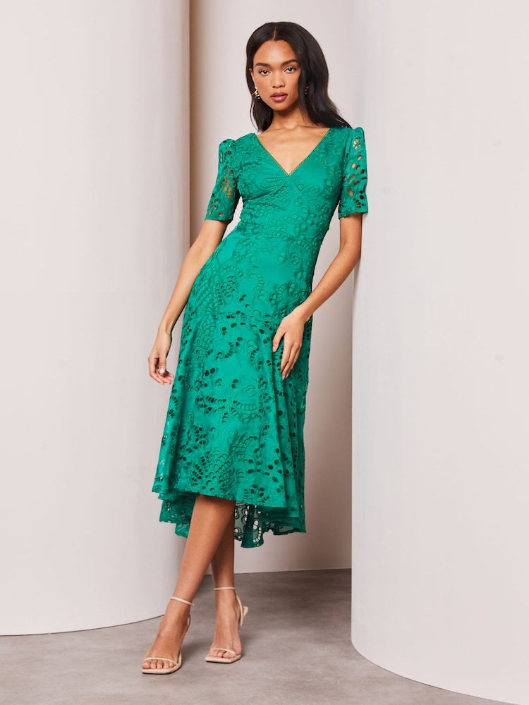 Lipsy Green Premium Broderie Lace Short Sleeve V Neck High Low Midi Dress - Image 1 of 3