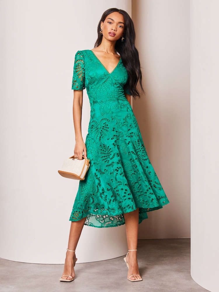 Lipsy Green Premium Broderie Lace Short Sleeve V Neck High Low Midi Dress - Image 3 of 3