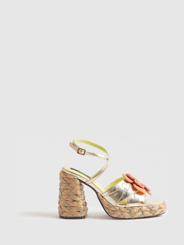 River Island Natural Terry De Havilland Raffia Flower Heeled Sandals - Image 1 of 6