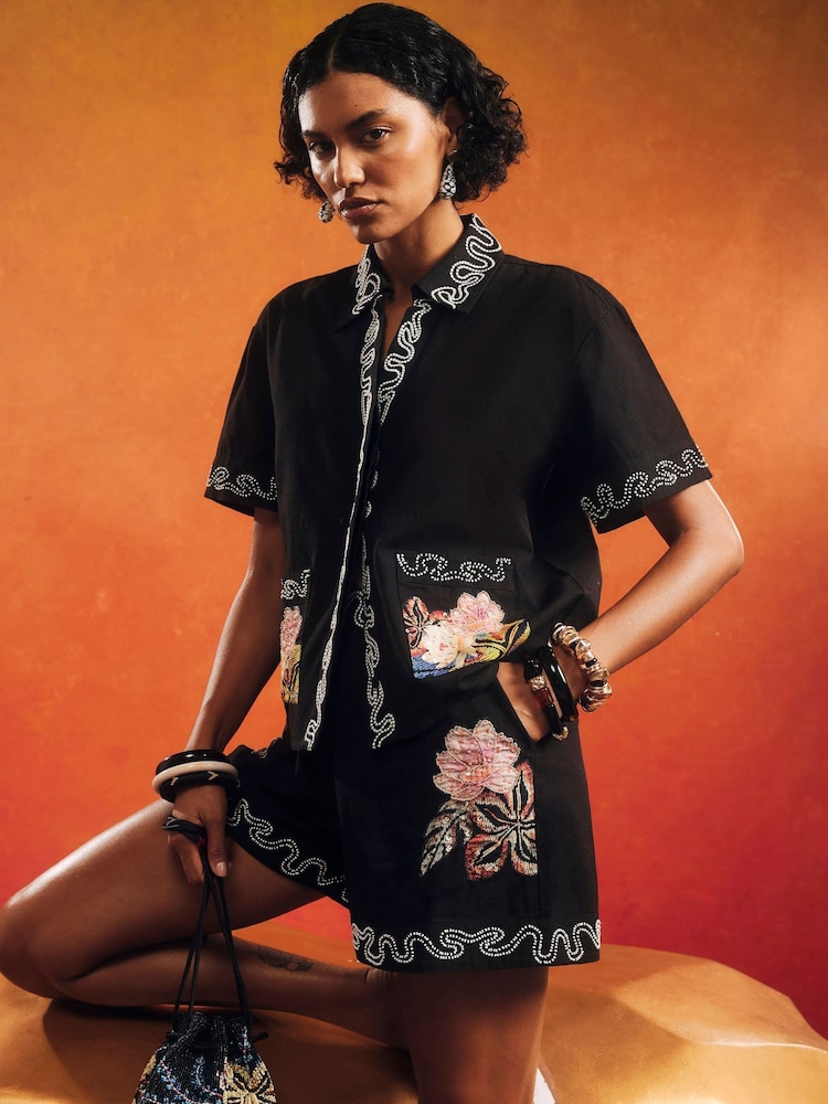 River Island Black Terry De Havilland Beaded Floral Shorts - Image 1 of 4