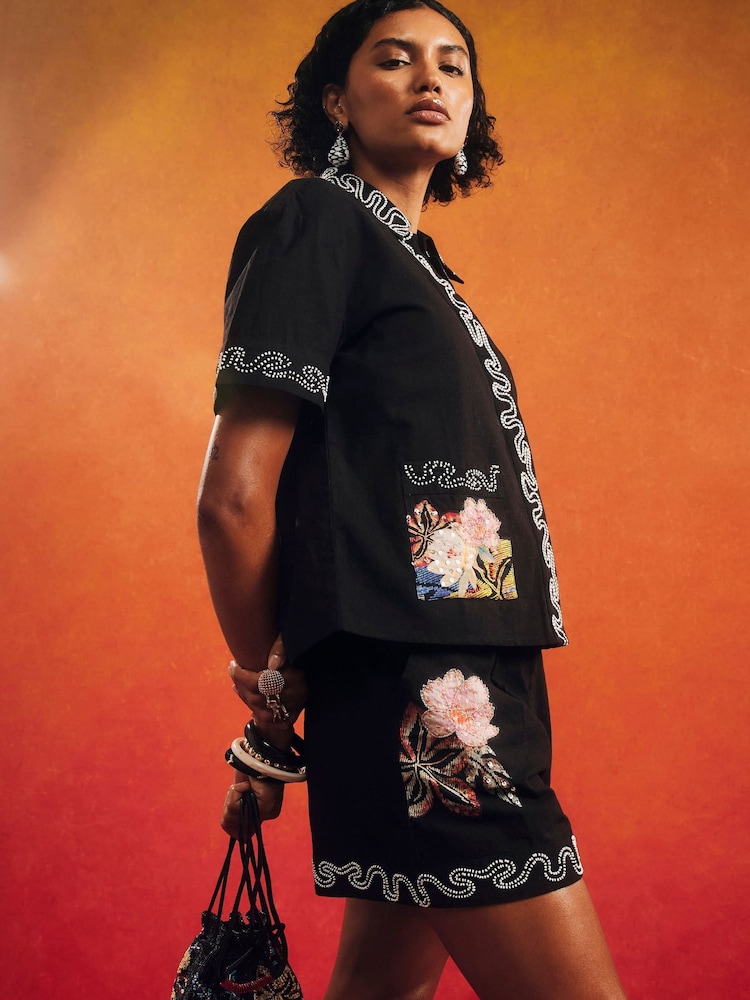 River Island Black Terry De Havilland Beaded Floral Shorts - Image 2 of 4