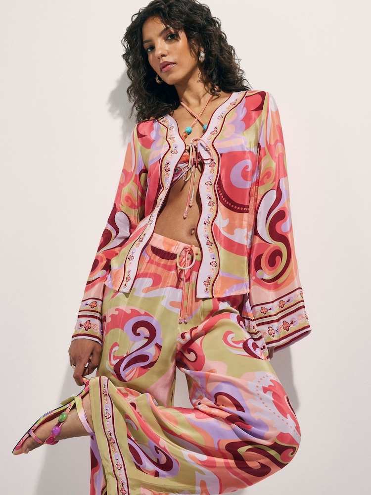 River Island Orange Terry De Havilland Long Sleeve Swirl Print Kaftan - Image 1 of 4