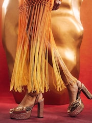 River Island Gold Terry De Havilland Snake Print Cross Strap Platform Sandals - Image 1 of 6