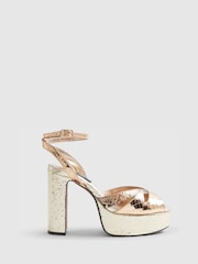 River Island Gold Terry De Havilland Snake Print Cross Strap Platform Sandals - Image 2 of 6