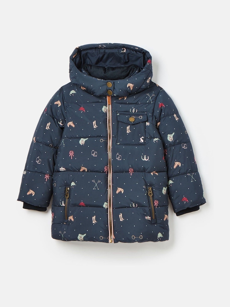 Joules Girls' Emmeline Blue Print Showerproof Coat - Image 1 of 6