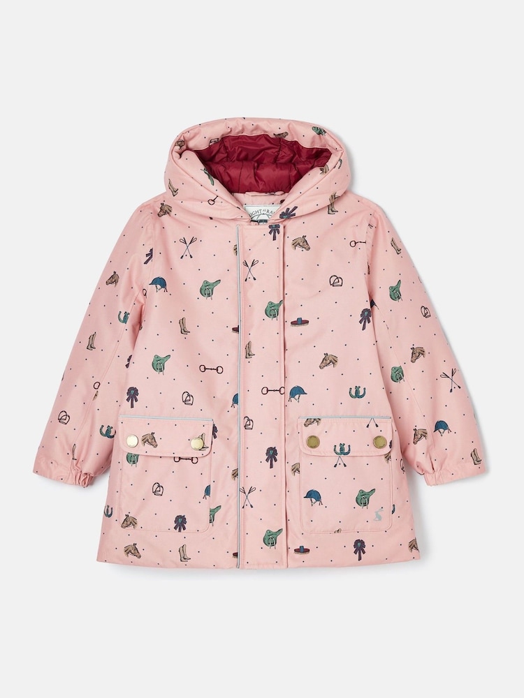 Joules Girls' Fairview Pink Horse Print Waterproof Coat with Quilted Lining - Image 1 of 5