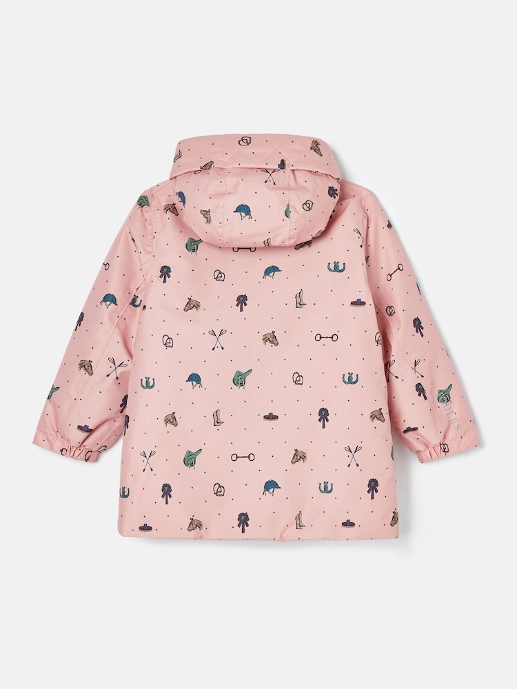 Joules Girls' Fairview Pink Horse Print Waterproof Coat with Quilted Lining - Image 2 of 5