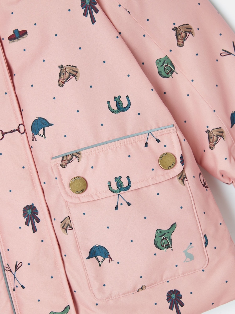 Joules Girls' Fairview Pink Horse Print Waterproof Coat with Quilted Lining - Image 5 of 5