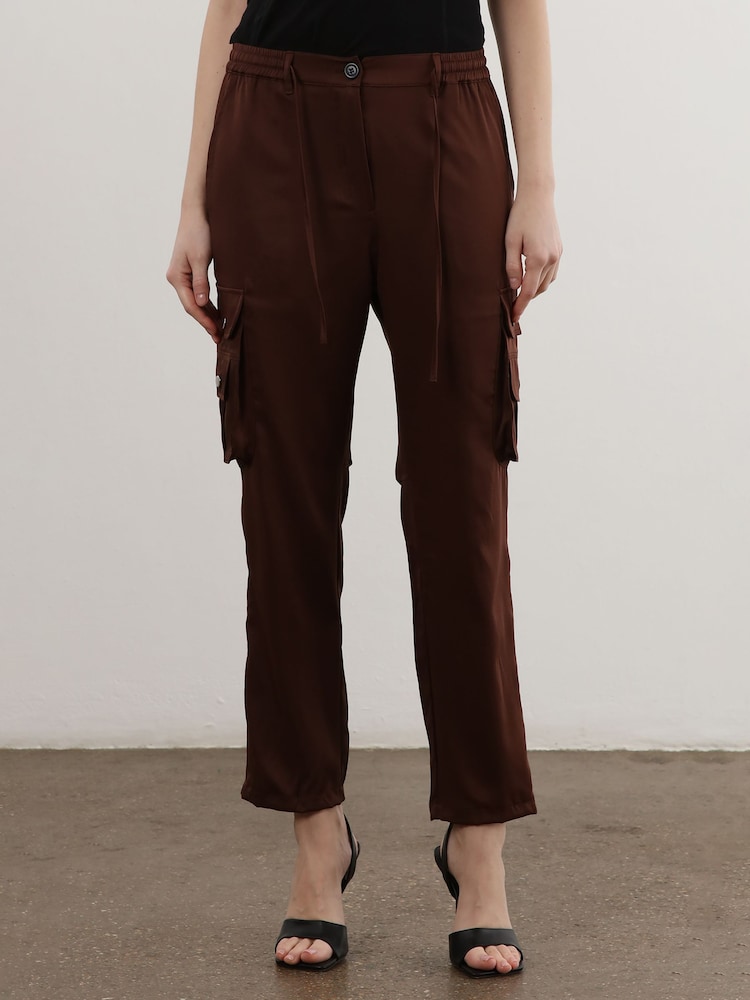 Religion Brown Utility Inspired Trousers With Multiple Pockets In Soft Crepe - Image 1 of 6