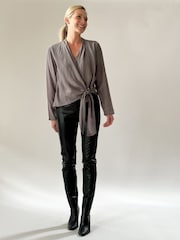 Religion Grey Long Sleeve Tie Front Double Layer Top In Cupro - Image 1 of 5
