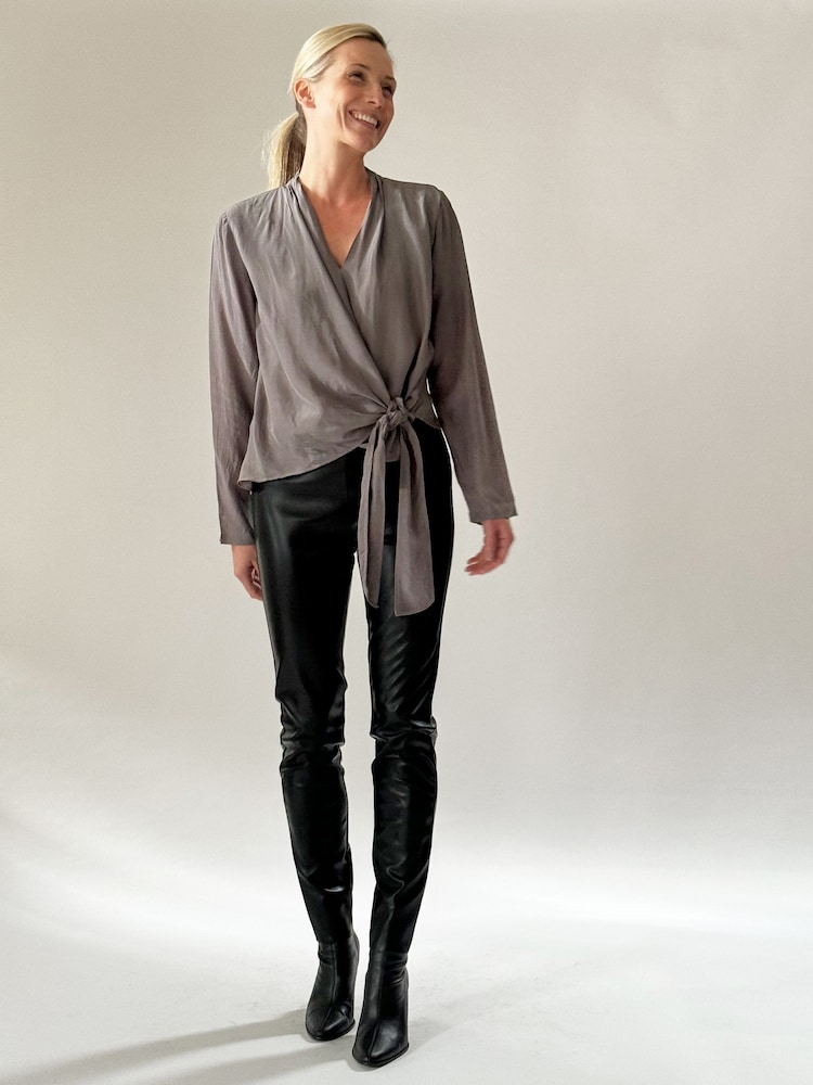 Religion Grey Long Sleeve Tie Front Double Layer Top In Cupro - Image 1 of 5