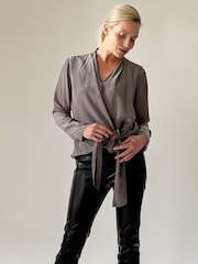 Religion Grey Long Sleeve Tie Front Double Layer Top In Cupro - Image 2 of 5