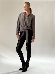 Religion Grey Long Sleeve Tie Front Double Layer Top In Cupro - Image 3 of 5