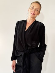 Religion Black Long Sleeve Tie Front Double Layer Top In Cupro - Image 6 of 6