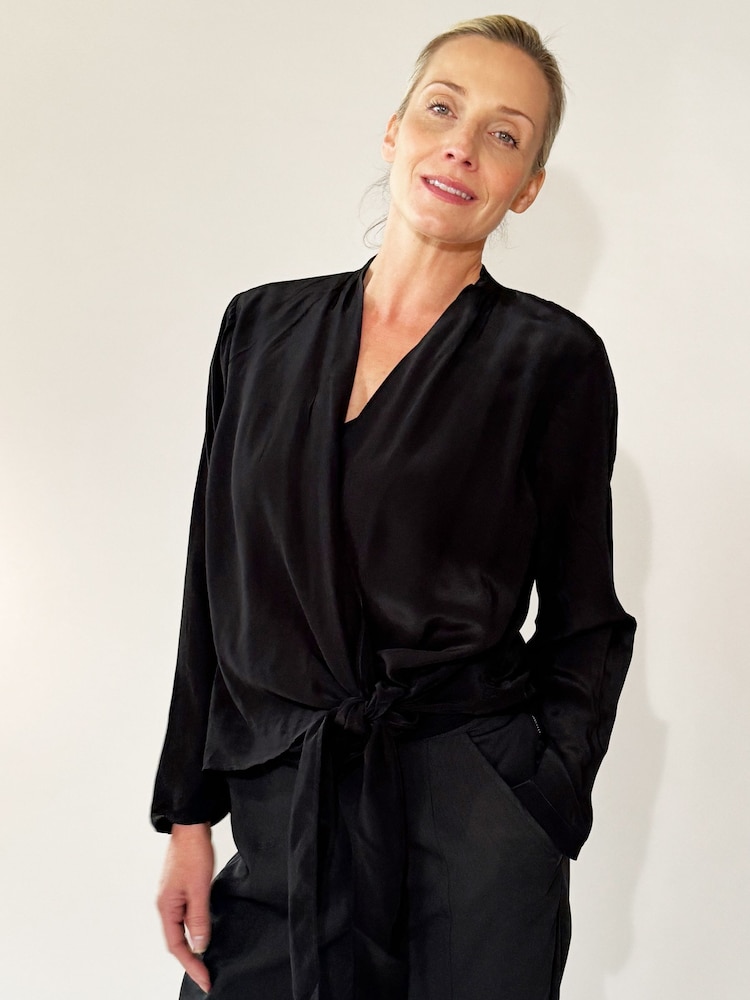 Religion Black Long Sleeve Tie Front Double Layer Top In Cupro - Image 6 of 6