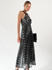 Religion Silver Halterneck Beaded Sequin Midi Maxi Dress - Image 1 of 6