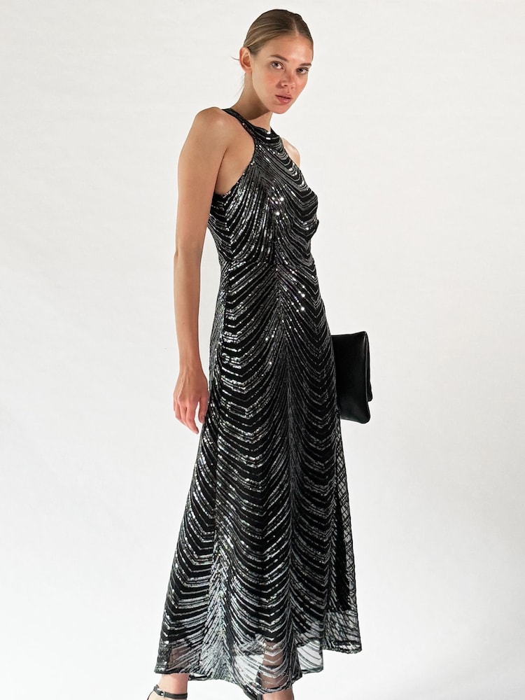 Religion Silver Halterneck Beaded Sequin Midi Maxi Dress - Image 1 of 6