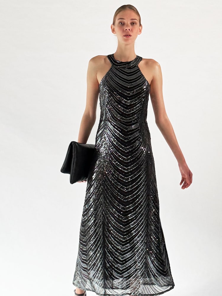 Religion Silver Halterneck Beaded Sequin Midi Maxi Dress - Image 2 of 6