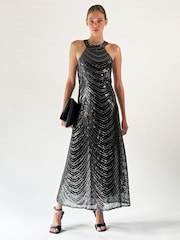 Religion Silver Halterneck Beaded Sequin Midi Maxi Dress - Image 3 of 6