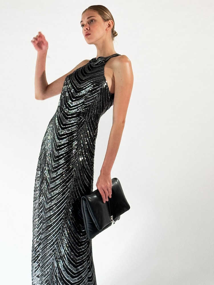 Religion Silver Halterneck Beaded Sequin Midi Maxi Dress - Image 6 of 6