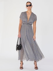 Religion Maxi-Wickelkleid mit ausgestelltem Rock und Ton-in-Ton-Punkten, Grau - Bild 4 von 6