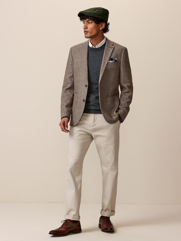 Taupe Regular Fit Wool Rich Herringbone Blazer - Image 2 of 7