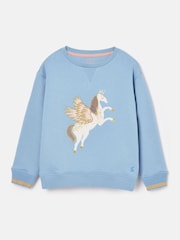 Joules Girls' Mackenzie Blue Pegasus Embroidered Artwork Sweatshirt With Faux Faur Lining - Image 1 of 4