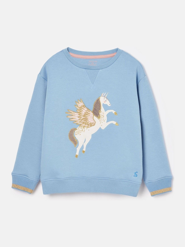 Joules Girls' Mackenzie Blue Pegasus Embroidered Artwork Sweatshirt With Faux Faur Lining - Image 1 of 4