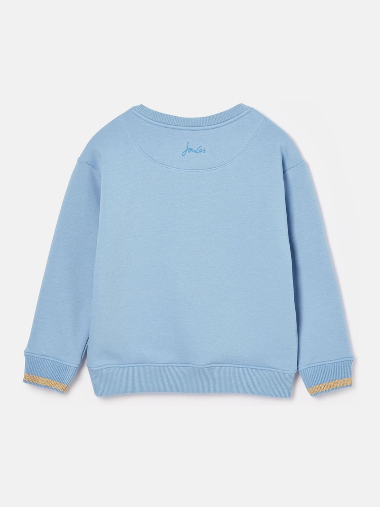 Joules Girls' Mackenzie Blue Pegasus Embroidered Artwork Sweatshirt With Faux Faur Lining - Image 2 of 4