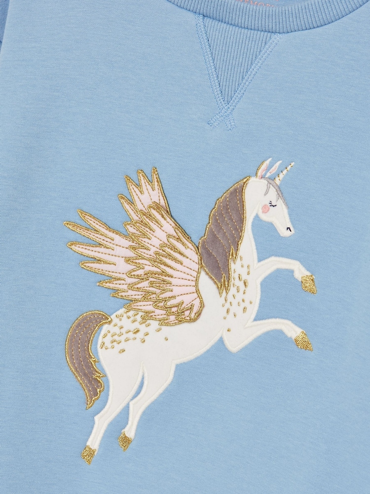Joules Girls' Mackenzie Blue Pegasus Embroidered Artwork Sweatshirt With Faux Faur Lining - Image 4 of 4