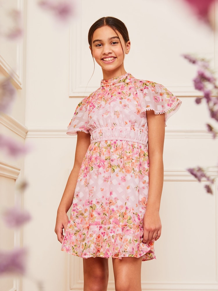Lipsy Pink Printed High Neck Occasion Dress (5-16yrs) - Image 1 of 4
