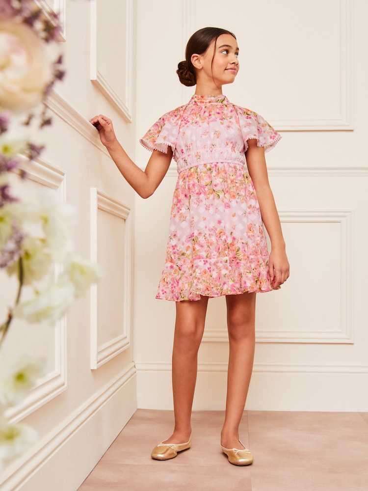 Lipsy Pink Printed High Neck Occasion Dress (5-16yrs) - Image 2 of 4