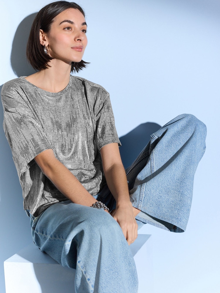 Silver Metallic Short Sleeve Crew Neck T-Shirt - Image 1 of 7