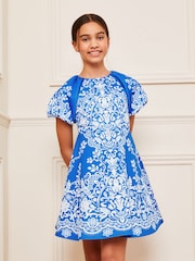 Blau/Weiß/Bedruckt - Lipsy Scuba Kleid für besondere Anlässe mit Puffärmeln (5-16 Jahre) - Bild 1 von 4