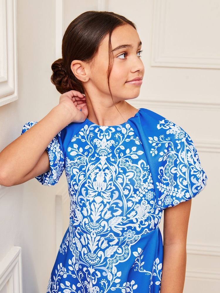 Blau/Weiß/Bedruckt - Lipsy Scuba Kleid für besondere Anlässe mit Puffärmeln (5-16 Jahre) - Bild 2 von 4