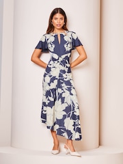 Lipsy Navy Blue Petite Ruched Front Keyhole Cut Out Asymmetrical Midi Dress - Image 1 of 4