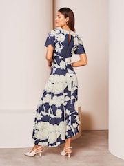 Lipsy Navy Blue Petite Ruched Front Keyhole Cut Out Asymmetrical Midi Dress - Image 2 of 4