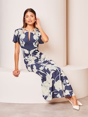 Lipsy Navy Blue Petite Ruched Front Keyhole Cut Out Asymmetrical Midi Dress - Image 3 of 4