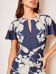 Lipsy Navy Blue Petite Ruched Front Keyhole Cut Out Asymmetrical Midi Dress - Image 4 of 4