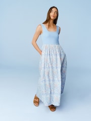 Morris & Co Blue/White 100% Cotton Square Neck Maxi Summer Jersey Dress - Image 1 of 6
